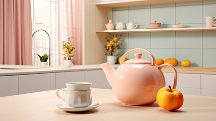 Fototapeta na wymiar Serene Kitchen Setting with Pink Teapot and Fresh Apple