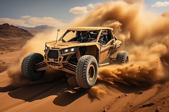 Dune buggy racing through desert, kicking up clouds of sand.