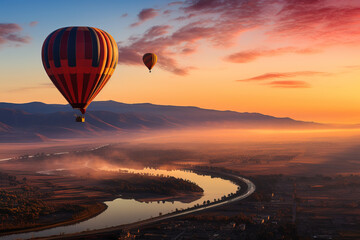 Hot air balloon soaring over a sea of clouds at sunrise with mountain silhouettes.