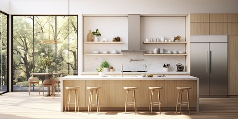 Contemporary kitchen with large window. Island, cabinets, and appliances. Minimal Scandinavian style, ing. - obrazy, fototapety, plakaty