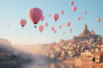 Hot air balloons drift over a historical village shrouded in mist, evoking a fairytale ambiance. - obrazy, fototapety, plakaty