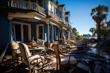 A damaged home with furniture strewn amid debris, aftermath of a calamity, under clear skies.