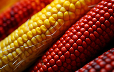 Colored corn cobs,created with Generative AI tecnology.