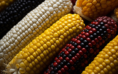 Colored corn cobs,created with Generative AI tecnology.