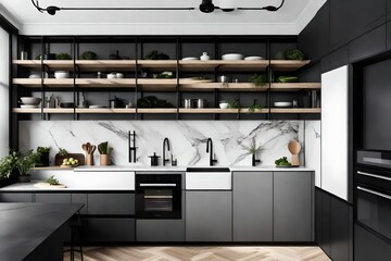 A compact kitchen with open shelving, matte black accents, and a marble backsplash, showcasing minimalist culinary elegance.