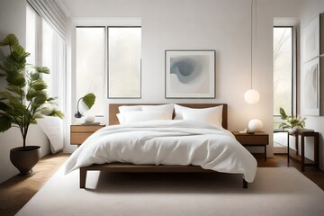 A serene bedroom with a low-profile bed, crisp white linens, and a single piece of abstract art, promoting restful nights.
