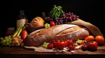 Grocery list, vegetables, fruits, bread loaf