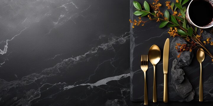 Black stone table with golden cutlery, ideal for Christmas or New Year's card or menu template, has empty space for personalization.