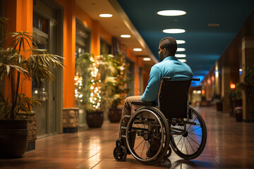 Obraz premium Rear view of a contemplative man in a wheelchair alone in a shopping mall corridor at night, illuminated by indoor lighting.