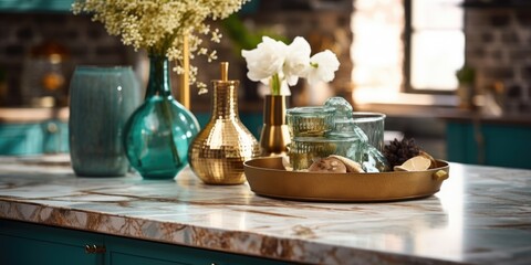 Stylish turquoise interior mix of modern and vintage elements. Kitchen island in marble with wooden accents. Brown wooden table with metallic tray and gold vase embellished with white decor. - obrazy, fototapety, plakaty
