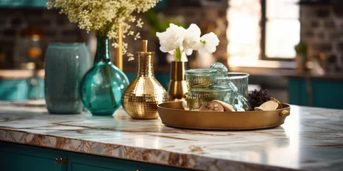Foto op Plexiglas Stylish turquoise interior mix of modern and vintage elements. Kitchen island in marble with wooden accents. Brown wooden table with metallic tray and gold vase embellished with white decor. © Vusal