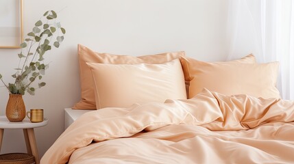 Pastel peach colored pillowcases on a bed