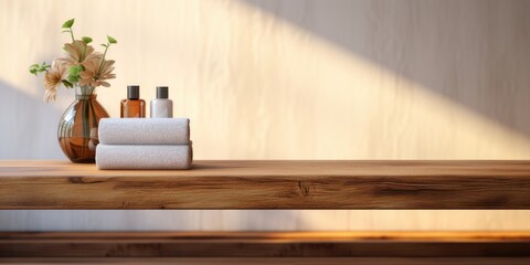 Wooden table with classic texture for displaying products in front of a blurred bathroom.
