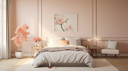 Pastel peach colored walls in a serene bedroom
