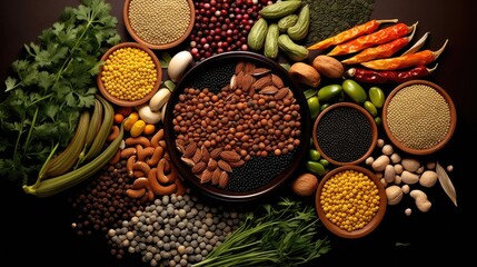 Protein, veggies, grains, spices