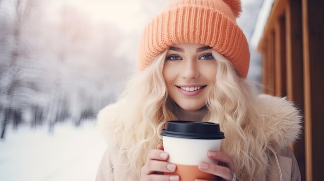 Stylish young black smiling hipster woman wearing a pastel peach color coat and hat with reusable coffee cup on wooden background in a snowy evening,