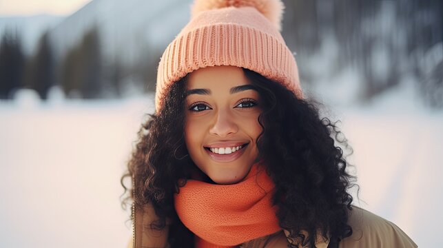 Stylish young black smiling hipster woman wearing a pastel peach color coat and hat with reusable coffee cup on wooden background in a snowy evening,