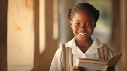 Smiling african schoolgirl holding book and looking at camera, background blur, copy space - generative ai