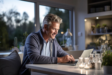 Mature man smiling while concentrating on working with a laptop in a cozy home setting during the evening.