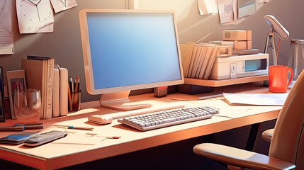 Fototapeta na wymiar Work desk stationery, computer monitor, office chair