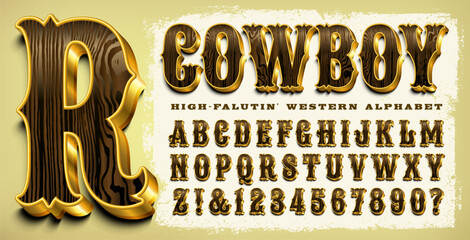 An ornate cowboy alphabet with wood and metal 3d effects, great for posters, branding, rodeos, country music, etc. - obrazy, fototapety, plakaty