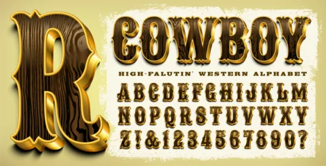 Poster An ornate cowboy alphabet with wood and metal 3d effects, great for posters, branding, rodeos, country music, etc. © Mysterylab