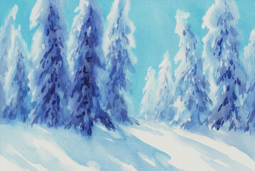 Fir tree forest in snow watercolor background - obrazy, fototapety, plakaty