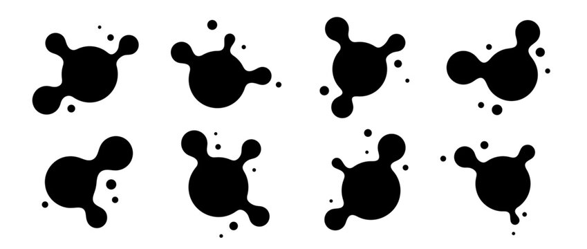 Abstract connected sphere collection. Black liquid metaball set. Amoeba blotches, drops or blobs pack. Morphing design elements for label, sticker, banner, collage, poster. Vector bundle