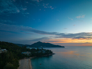 .aerial panorama beautiful sunset at Surin beach Phuket..amazing colorful cloud in beautiful sky at...