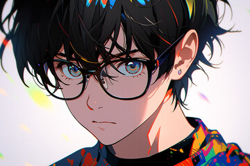 Beautiful cartoon boy anime avatar, young man portrait illustration - obrazy, fototapety, plakaty