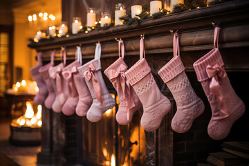 Pink stockings hanging from a fireplace.
