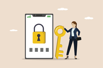 Strong security system, data security, tough businessman with padlock for mobile phone security system.