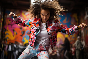 Dynamic young woman dancing in urban setting with graffiti background, showcasing street style...