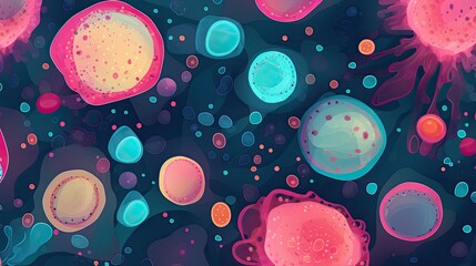 Magnified microscopic world background. With cells, bacteria, and abstract particles shapes and patterns. - obrazy, fototapety, plakaty
