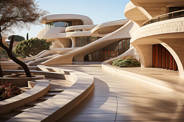 Modern curvilinear architecture against a clear sky, highlighting flowing design with serene natural lighting.