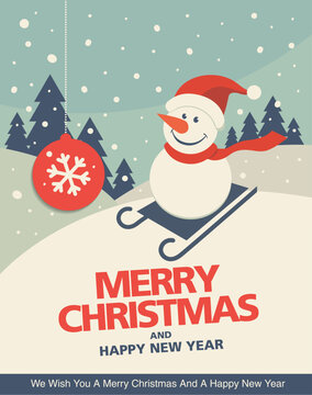 Vintage christmas greeting card design with Snowman in a sledge
