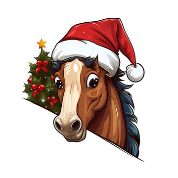 Lustiges Pferd mit Weihnachtsm&uuml;tze / Pferde Bild / Weihnachts Pferd / Weihnachtliche Tier Illustration / Pferde Bild mit transparentem Hintergrund / Comic Pferd Grafik / Ki-Ai generiert