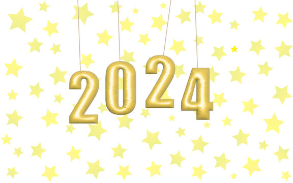 2024 new year wallpaper image with sparkling stars, hanging 2024 year