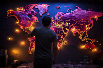 Back view of a young man gazing at a brightly illuminated world map with string lights in a dark...