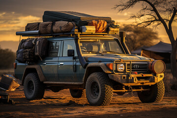 Fototapeta premium A fully-equipped off-road vehicle at sunset, laden with camping gear, ready for an adventure in a remote, scenic wilderness.