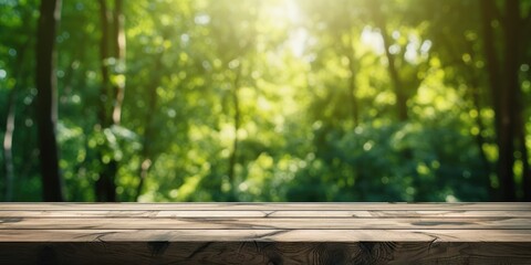 Wooden table top in a green forest or garden, offering a fresh and relaxing concept for product displays or visual layouts, with a view of copy space.