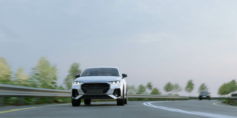 Fototapeta premium 3d render of driving suv car or cruising vehicle on highway road for travel and transport concept.