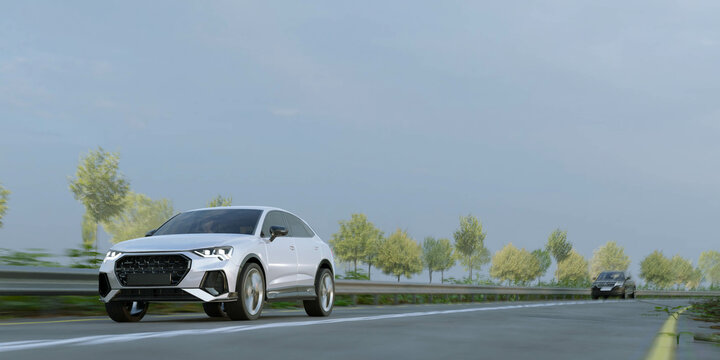 3d render of driving suv car or cruising vehicle on highway road for travel and transport concept.