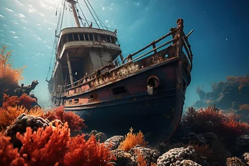 Tuinposter Sunken ship surrounded by vibrant coral reefs in a clear underwater scene, evoking a sense of mystery and marine exploration. © 22Imagesstudio