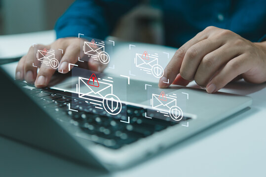 Alert email inbox notification in computer technology laptops and digital concepts warnings and scam information and networks. Internet safety online web security and virus protection are cyberspace