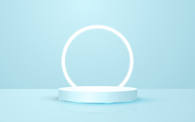 3d scene pastel blue round podium background with circle neon lights perfect for event promotion cosmetic product presentation mockup