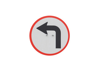 Circular turn sign, metal style, traffic sign, white isolated background