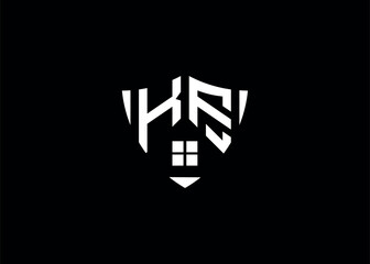 Real estate letter KF shield shape logo and house building vector template