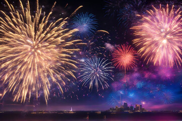 Fototapeta na wymiar A vibrant and colorful fireworks display lighting up the night sky. Generative Ai