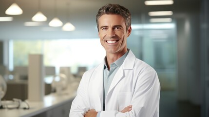 Portrait of a friendly doctor smiling with folded arms, using white coat.